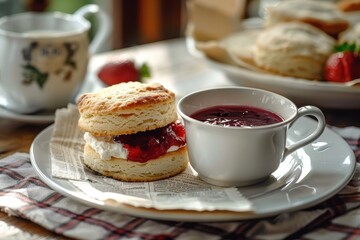 Cream tea with scone jam and cream tea break with biscuits and newspaper on table
