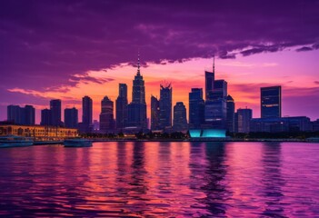 Fototapeta premium vibrant city skyline illuminated twilight colorful lights reflecting water majestic buildings beautiful evening sky, illumination, reflection, urban