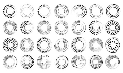 Halftone dotted speed lines circle set. Geometric art in circle forms. Round swirl movement symbols. Halftone circular dotted frames. design elements