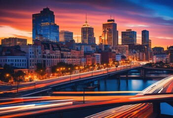 Fototapeta premium stunning vibrant city skyline twilight showcasing glowing lights lively urban atmosphere, buildings, architecture, night, horizon, landscape, illumination