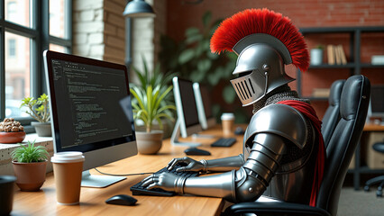 A knight in full armor typing on a computer in a modern office setting