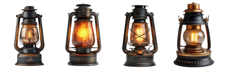 Antique kerosene lanterns with rustic designs vintage lighting collection transparent background
