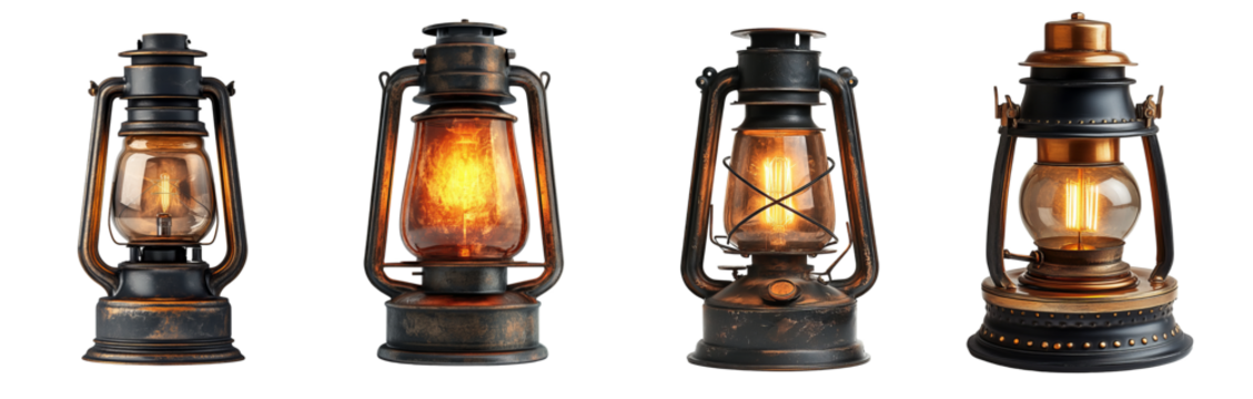 Antique kerosene lanterns with rustic designs vintage lighting collection transparent background