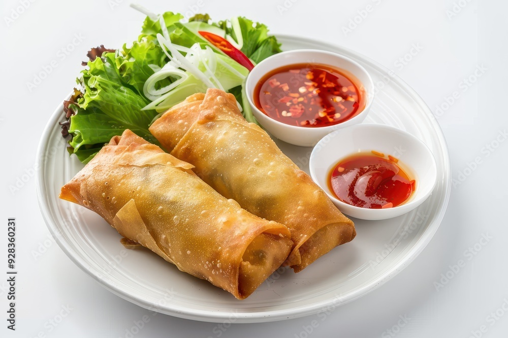 Poster crispy spring roll with spicy thai sauce served on white plate as appetizer in hong kong cafe