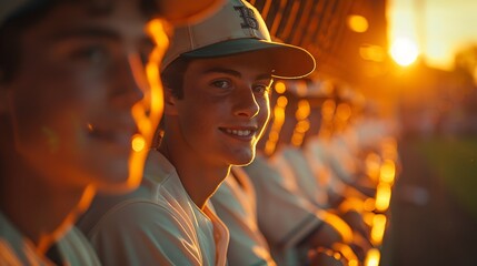 A wide-angle shot of a baseball team gathering in the dugout, with players patting each other on the back after a successful inning, the background showing the field and fans in the stands.