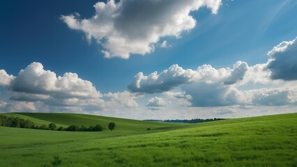 Wavy green fields extending into the distance, under a calm blue sky filled with soft, white clouds.