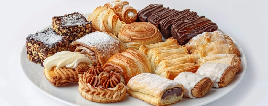 Plate of assorted pastries on white background, 4K hyperrealistic photo