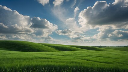 Obraz premium Wavy green fields extending into the distance, under a calm blue sky filled with soft, white clouds.