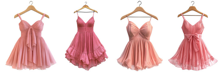 Pink dresses on hangers feminine elegant clothing fashion attire for summer transparent background