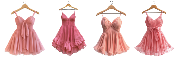 Pink dresses on hangers feminine elegant clothing fashion attire for summer transparent background