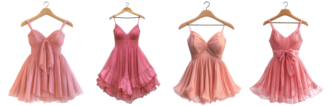 Pink dresses on hangers feminine elegant clothing fashion attire for summer transparent background