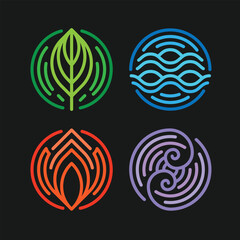 4 Elements of nature symbol - earth water air and fire with sign with line circle layers shape on black background vector design