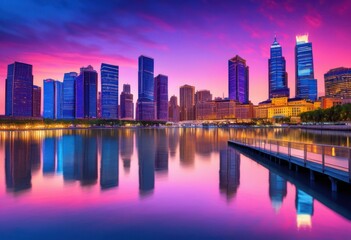 Obraz premium vibrant evening skyline featuring illuminated towers deepening twilight sky colorful reflections, architecture, buildings, cityscape, urban, lights, glow