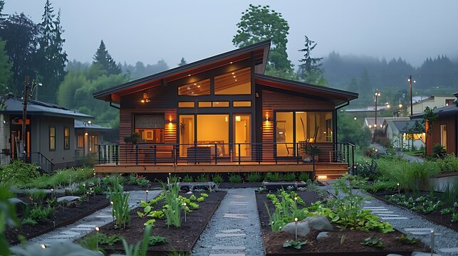 A wide-angle shot of the final stages of a community-built house, with volunteers adding the finishing touches like landscaping and painting, and the background showing a completed, welcoming home.
