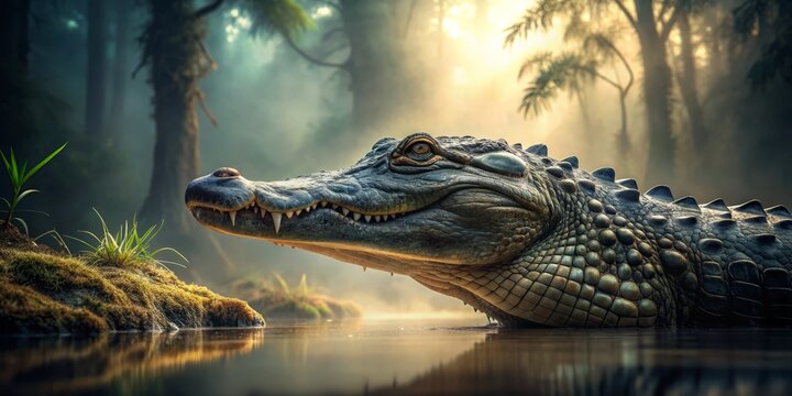 Majestic alligator's profile, with weathered skin, in a misty swamp environment, with soft focus, and muted colors, evoking mystery and ancient history.