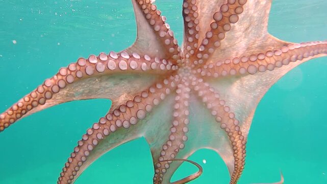 Wild octopus swim underwater in mediterranean sea. Octopuses swimming in slow motion. One octopus at the sea. Wild Octopusess