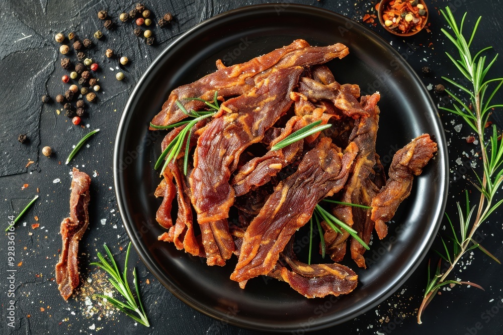 Sticker dehydrated chicken jerky on plate top view