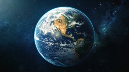 Fototapeta premium A detailed view of Earth from space, showcasing North and South America with a backdrop of twinkling stars.