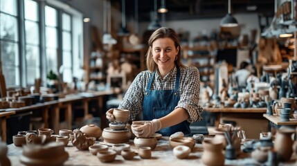 Smiling woman in pottery workshop shaping clay on a pottery wheel with assorted clay pots on the table.