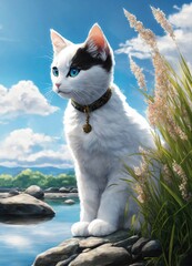 cat on the rocks "Whiskers by the Water: A Miyazaki-Inspired Moment"