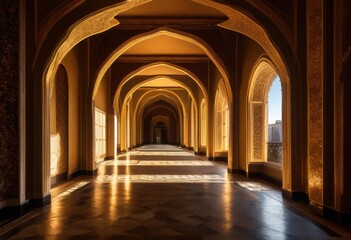 Fototapeta premium softly illuminated corridors featuring intriguing arches silhouettes creating captivating architectural experience, architecture, design, illumination