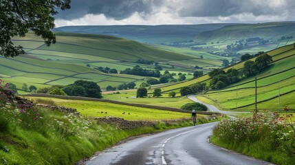 Fototapeta premium Cycling through rolling green hills on a winding road