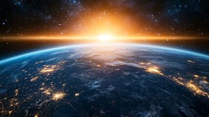 Obraz premium Earth from space with sunrise and city lights.