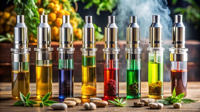 Assorted colorful vape cartridges with various flavored cannabis oils and potency levels lined up on a sleek, modern desktop background.