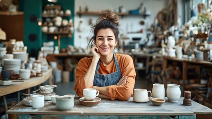 Smiling woman in an apron sitting at a table in a pottery studio with various ceramic pieces around her.