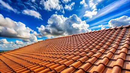 Naklejka premium Blue sky with puffy white clouds serves as a serene backdrop for a newly installed brown shingle roof with neatly arranged rows of tiles.