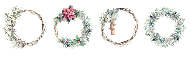 Watercolor set of Christmas wreathes. Spruce branches, pine needles. Hand painted holiday symbols isolated on white background. Seasonal trendy illustration for design or print.