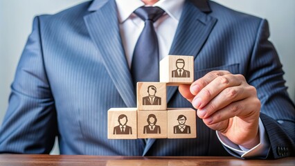 Businessman holds wooden cubes with icons, pressing virtual button labeled AGM, symbolizing Annual General Meeting of shareholders in a corporate management concept.