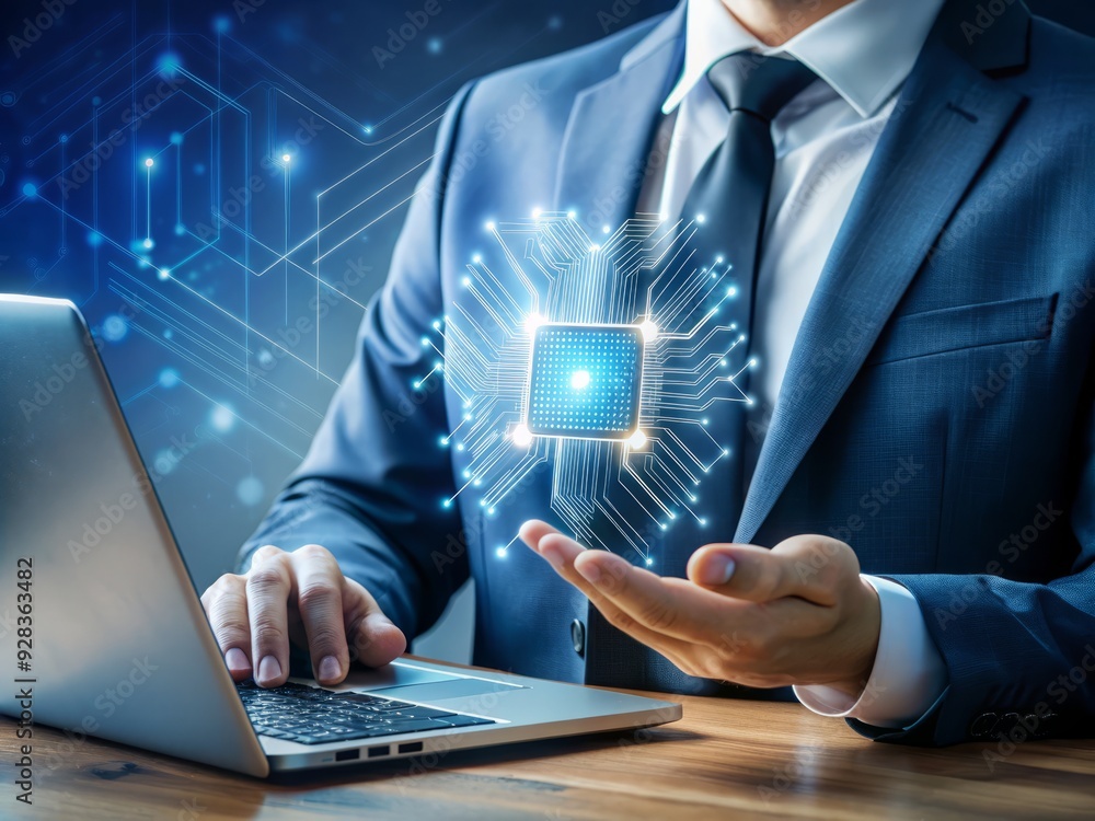 Poster close-up of a businessman's hand holding a microchip with ai circuit lines, next to a laptop, symbol
