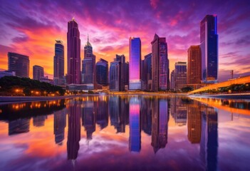 Fototapeta premium stunning vibrant city skyline twilight illuminated bright glowing lights dazzling reflections calm evening sky, architecture, buildings, cityscape, clouds
