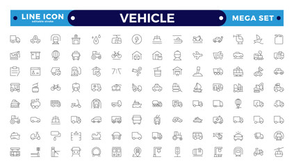 Vehicle outline icon set. Shipping And Courier icon. Containing order tracking, delivery home, warehouse, truck, scooter, courier Sea Air, Date, Return Search Parcel. Editable stroke outline icon.  