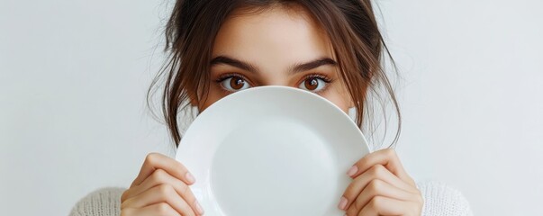 A girl holding a white empty plate in front of their face, isolated on a white background, in a minimalist style