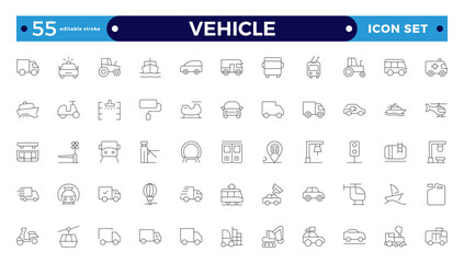 Vehicle outline icon set. Shipping And Courier icon. Containing order tracking, delivery home, warehouse, truck, scooter, courier Sea Air, Date, Return Search Parcel. Editable stroke outline icon.  