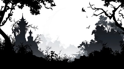 Naklejka premium comic book style, angular frame, mystical setting, silhouette objects, wide central area