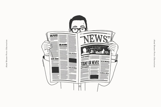 Man reading a news paper. Newspaper spread with latest news. Hand drawn black and white vector illustration.