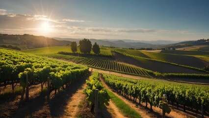 Fototapeta premium A scenic vineyard on a sunny day, with neatly lined grapevines and a wide-open landscape, bathed in natural light.