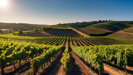 A scenic vineyard on a sunny day, with neatly lined grapevines and a wide-open landscape, bathed in natural light.