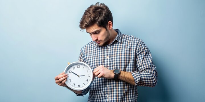 Concerned young adult checks time on wristwatch, holding a wall clock, with a worried expression, conveyancing a sense of urgency and being behind schedule.