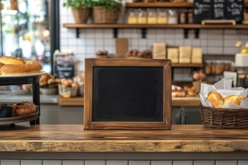 Bakery Counter with Empty Small Blackboard for Custom Messages or Menu Display.