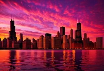 Obraz premium vibrant sunset over striking chicago skyline showcasing brilliant colors architectural beauty, architecture, buildings, cityscape, composition, contrast