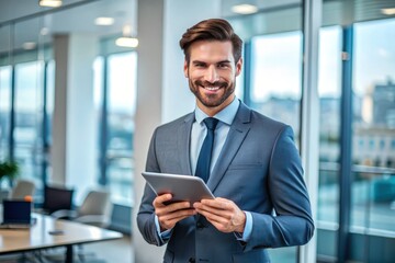 Fototapeta premium Confident young executive analyzes financial data on tablet, standing in modern office, with a smile, exemplifying success and professionalism in the busy corporate world.