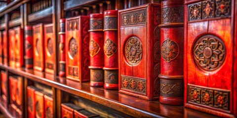 Fototapeta premium vibrant Vermilion imperial seals adorn worn leather bound ancient chinese classics on ornate wooden shelves with soft diffused natural light and shallow depth