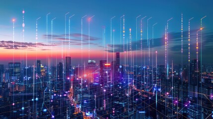 Naklejka premium Cityscape with Data Flow at Dusk