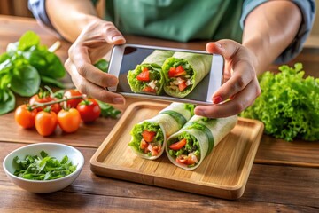 Cropped view of hands presenting a fresh salad roll on a cooking step-by-step guide, live-streamed on social media from a smartphone, showing ingredients and wrap.