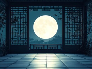 Traditional Chinese courtyard, moonlit celebration, 3D illustration
