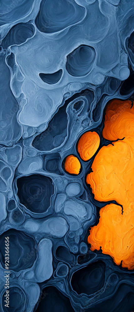 Poster abstract artwork showcasing vibrant orange and cool blue swirling patterns, creating a dynamic and c